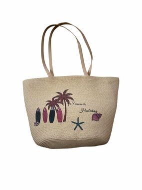 Summer Holiday Woven Straw Hat and Tote Set - Beige, Mauve & Green Accents NWOT